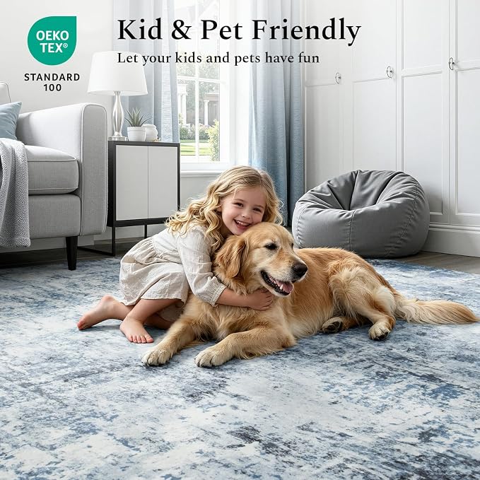 Rugflix 5x7 Area Rugs for Living Room, Washable Light Blue Grey Large Rug | - Image 5