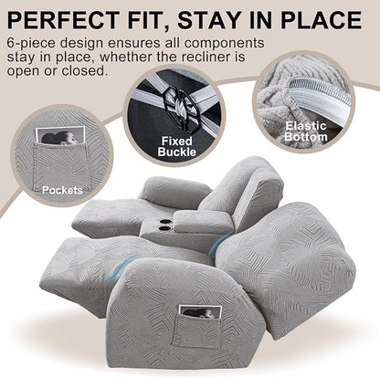 Recliner Loveseat Covers with Console, Stretch Geometric Strokes Jacquard - Image 4
