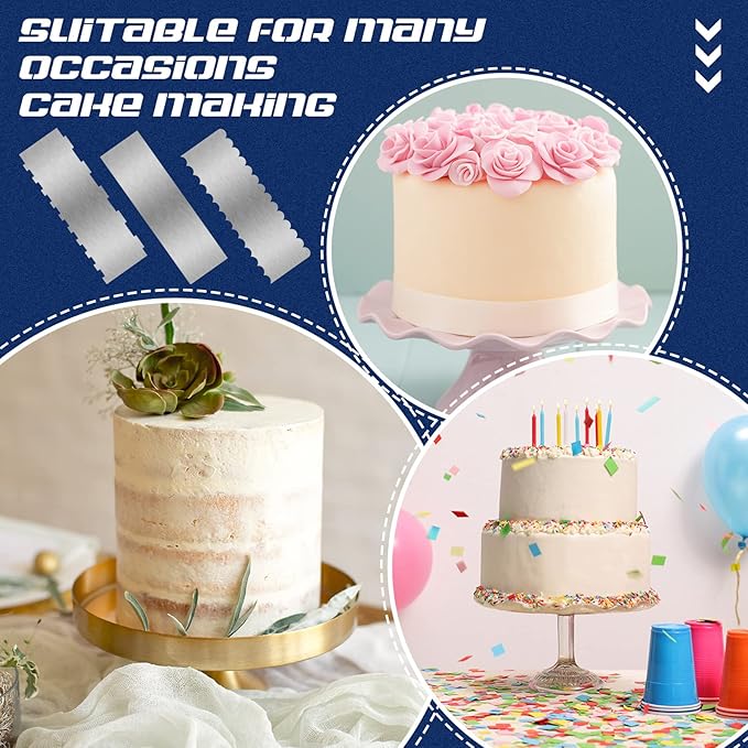 Yinkin 3 Pcs 12 Inch Cake Scraper Smoother Stainless Steel Cake Scraper Metal Large Double Sided Patterned Edge Decorating Comb Icing Smoother for Mousse Butter Cream Dessert Decoration