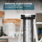 OVALWARE Airtight Cold Brew Iced Coffee Maker Pitcher and Tea Infuser with Spout - 1.0L / 34oz Ovalware RJ3 Brewing Glass Carafe with Removable Stainless Steel Filter