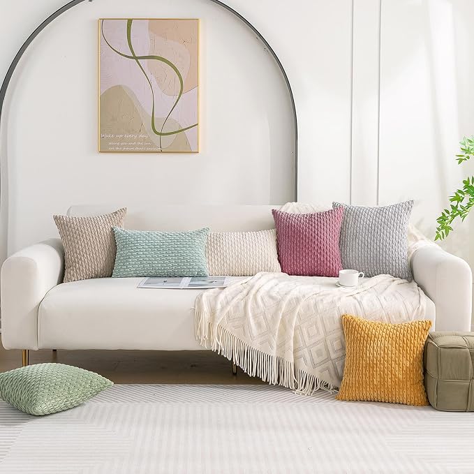 Set of 4 Pink Beige White Decorative Throw Pillow Covers 20x20 Inch Corduroy - Image 7