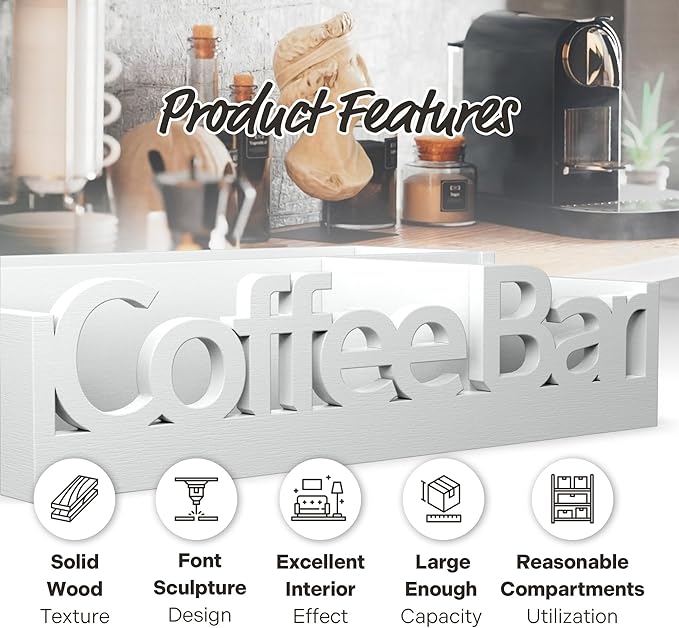 Coffee Bar Organizer for Countertop – Wooden Coffee Station Caddy with Compartments for Pods, Condiments, Tea, and Accessories – Home and Office Mini Coffee Station Organizer (White)
