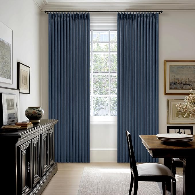 Navy Blue Linen Blackout Pinch Pleated Double Layer Curtains 90 Inches Long | - Image 9