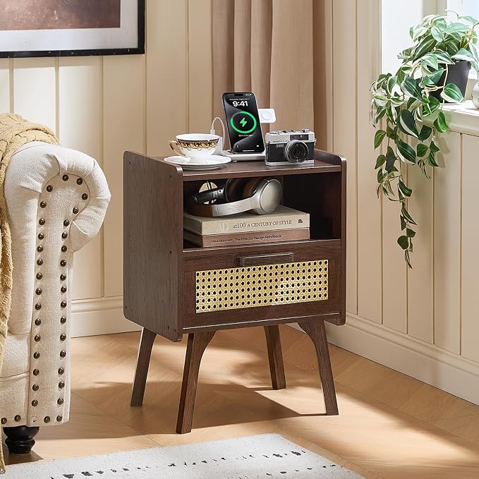 Lerliuo Rattan Nightstand with Charging Station, Walnut Bedside Table with - Image 6