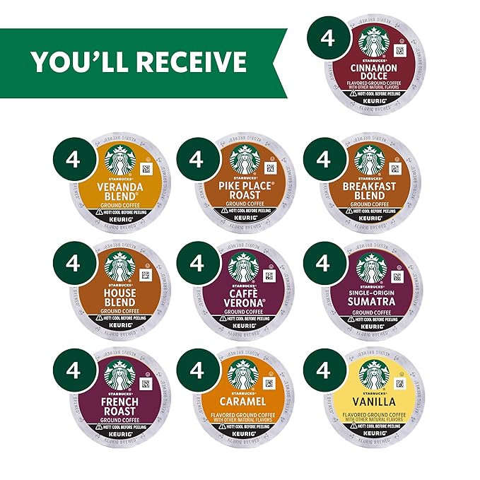 Starbucks K-Cup Coffee Pods, Light, Medium, Dark Roast & Flavored Variety Pack for Keurig Brewers, 1 box (40 pods total)