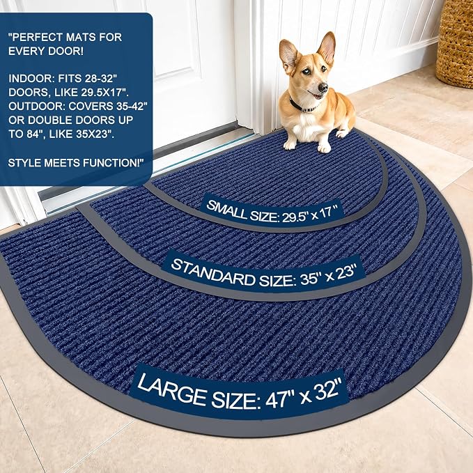 OLANLY Half Circle Front Door Mat 47x23, Waterproof Heavy-Duty Doormat | Blue - Image 2