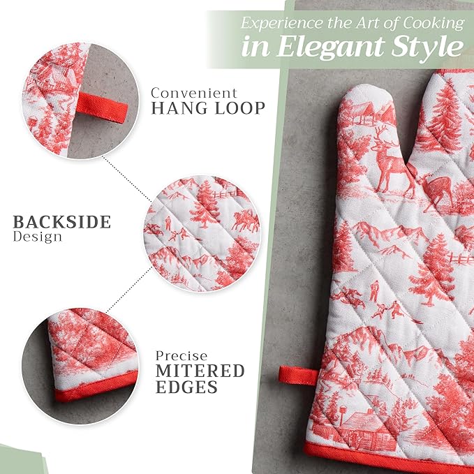 Maison d' Hermine 100% Cotton Oven Mitt & Pot Holder Set (7.5"x13" & 8"x8") Heat Resistant BBQ Cooking Gloves with Loop, Baking, Grilling, Kitchen, Handling Hot Pans (Winter Jouy)