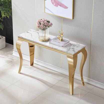 Henf 47" Marble Console Table Entryway Table Modern White Faux Marble Accent - Image 4