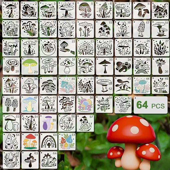 Felixcraft Mushroom Stencils for Painting, 64PCS 3x3 Inch Plastic Forest Stencils for Crafts Reusable, Durable PET Material for Wood Signs, Wall Art, Fabric Painting, and Magical DIY Art Projects