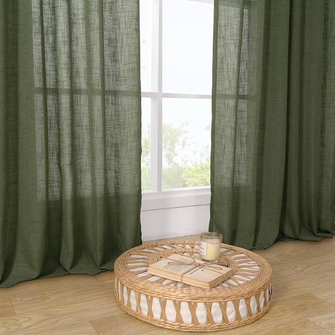 Olive Green Sheer Linen Curtains 63 inch Length - Image 9