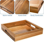 YOUEON Set of 2 Acacia Wood Serving Tray with Handles, 10x10x2 Inch Decorative Serving Trays for Food, Ottoman Tray, Square Coffee Table Trays for Dinner, Coffee, Wine, Appetizer