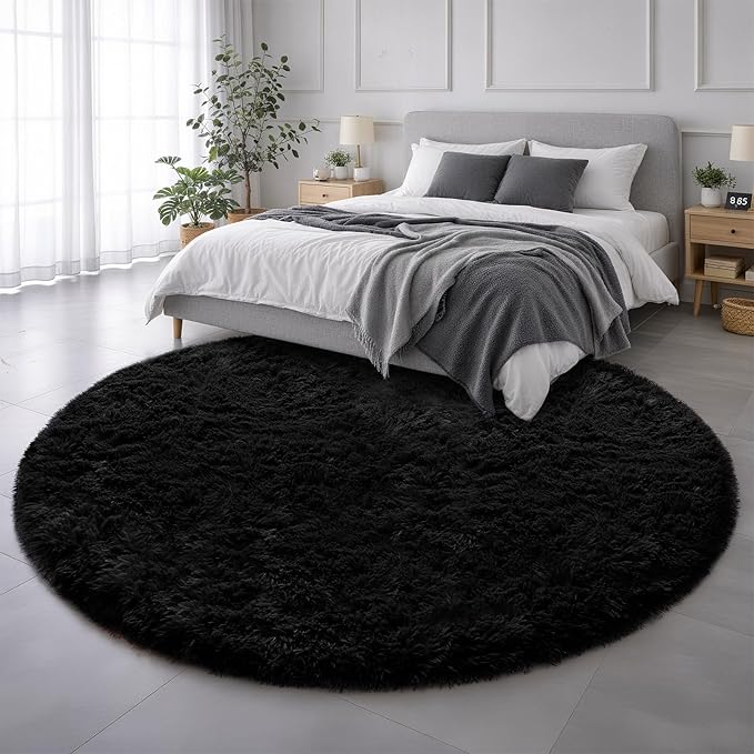 Amdrebio Black Large Furry Round Rug 7Ft - Image 3