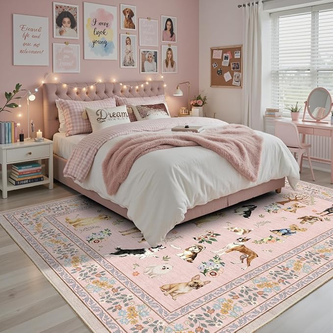 Pink Floral Area Rug 6x9 for Living Room Bedroom | Ultra-Thin; Easy Clean; Non - Image 2