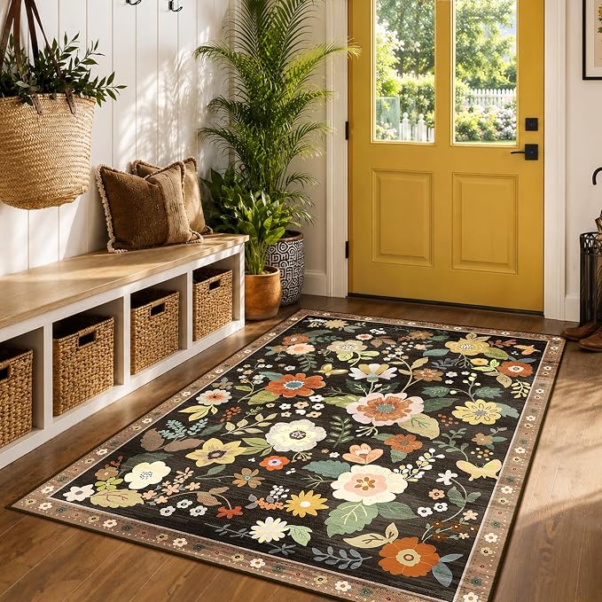 RELEANY Floral Washable 3x5 Area Rugs Black/Yellow | Flower Carpet Print Boho - Image 2