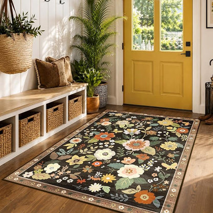 RELEANY Floral Washable 3x5 Area Rugs Black/Yellow | Flower Carpet Print Boho - Image 2