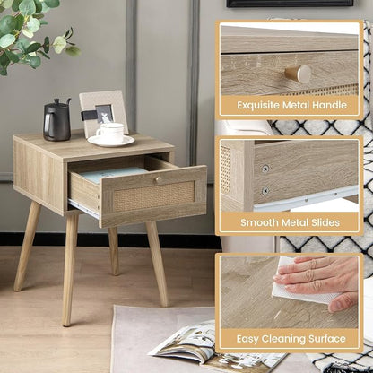 Giantex Boho Rattan Nightstand Set of 2, Mid Century Wood Night Stands - Image 4