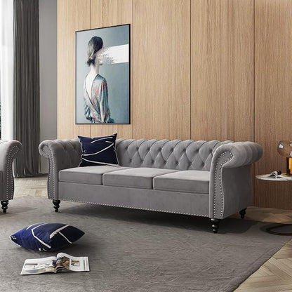 2 Piece Living Room Set, Velvet Chesterfield Sofa Loveseat Couch - Image 6