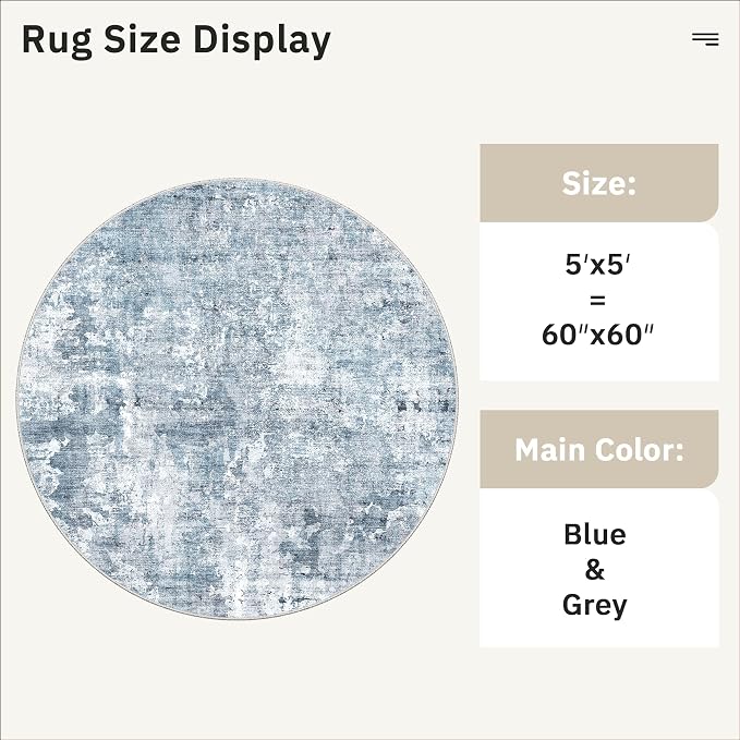 Soalmost Abstract 5x5 Round Rug 5ft Circle Living Room Rugs, Low Pile Stain - Image 5