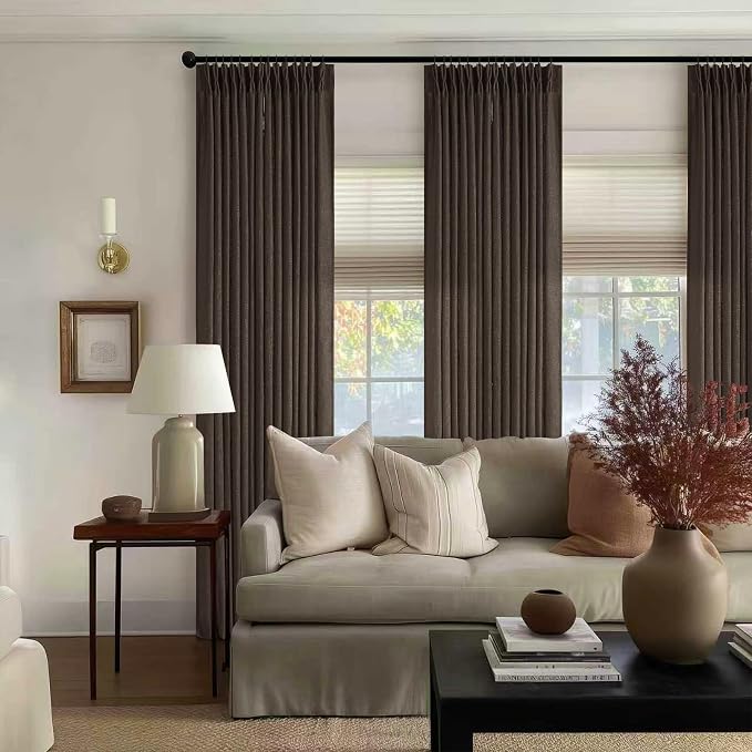 Dark Chocolate 84 Inch Pinch Pleated Semi Sheer Linen Curtains 2 Panels | - Image 7