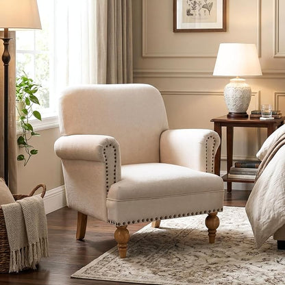 Beige Linen Fabric Accent Chair, Modern Farmhouse Upholstered Armchair - Image 6