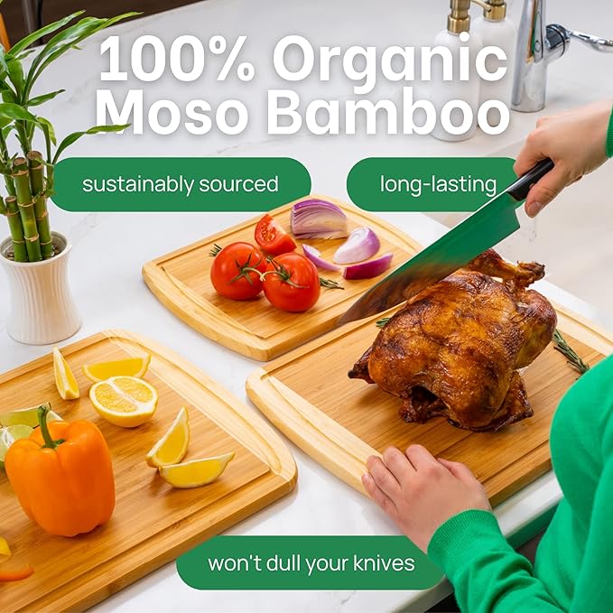 FSC® Certified Extra Large Bamboo Cutting Board Set, Organic Wood Cutting Boards for Kitchen with 67% Larger Surface, Non Toxic Cutting Boards with Lifetime Replacements