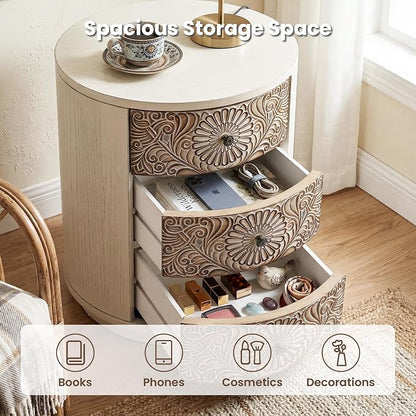 HOMPUS Round End Table Set 2, Fully Assembled Nightstand w 3 Storage Drawers - Image 8