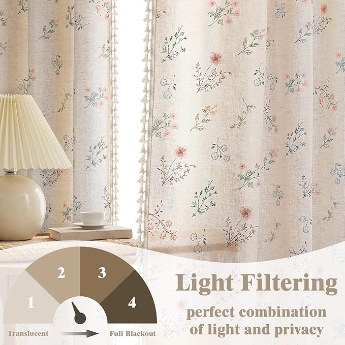 Boho Floral Light Filtering Curtains 84 Inch 2 Panels Linen Texture | Farmhouse - Image 4