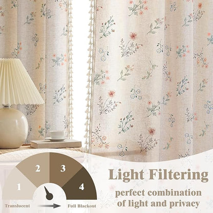 Boho Floral Light Filtering Curtains 84 Inch 2 Panels Linen Texture | Farmhouse - Image 4