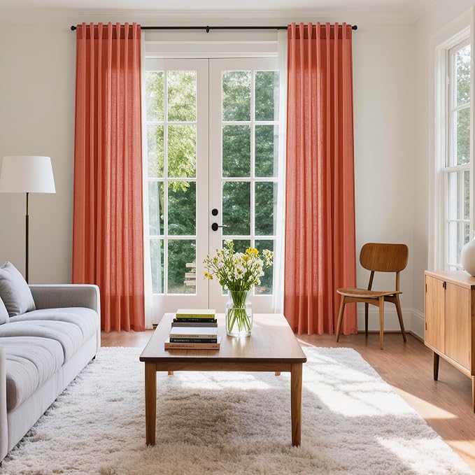 Coral Linen 96 Inch Length Curtains Panels 2 Panel Set Back Tab Rod Pocket - Image 7