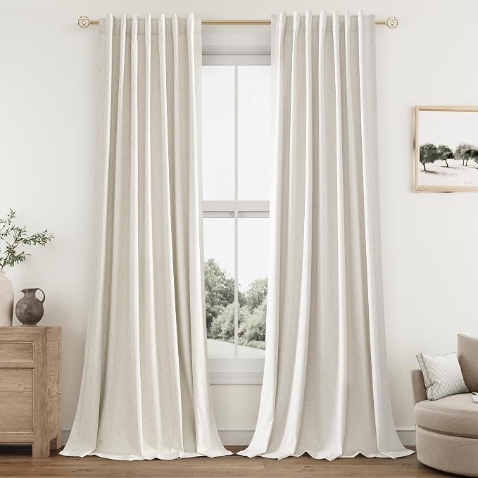 100% Blackout Linen Curtains for Bedroom 92 Inches Long Natural Cream Black Out by Guken