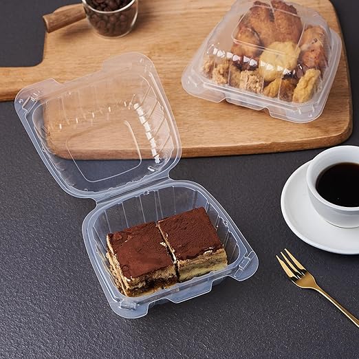FULING 100 Count Clear Plastic Hinged Food Take Out To-Go Clamshell Containers, 6" W Disposable Takeout Tray for Dessert, Cakes, Cookies, Salads, Pasta, Sandwiches
