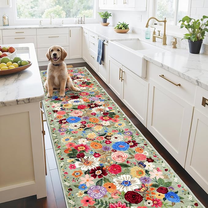 Floral Hallway Runner 2x10 Green Carpet Kitchen Rug | Ultra-Thin Soft by WelcometoBabovid