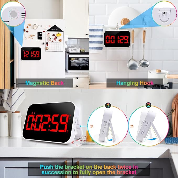 Digital Kitchen Timer, Rechargeable Magnetic Timer with Countdown/up, 5”LED Large Display 3 Brightness 4 Volume Adjustable for Cooking and for Seniors and Kids to Use-Red