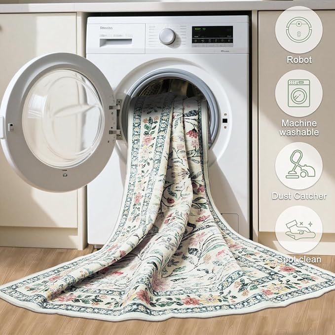 PLHXFR 3x10 Washable Runner Rug：Floral Indoor Kitchen Carpet Green Beige | - Image 8