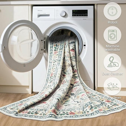 PLHXFR 3x10 Washable Runner Rug：Floral Indoor Kitchen Carpet Green Beige | - Image 8