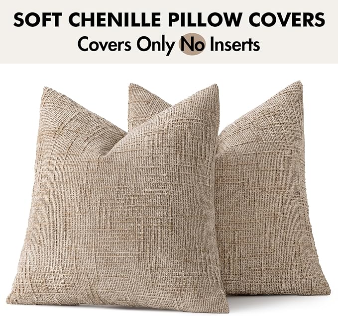 MIULEE Chenille Textured Euro Throw Pillow Covers Oatmeal 24x24 Set of 2 | - Image 7