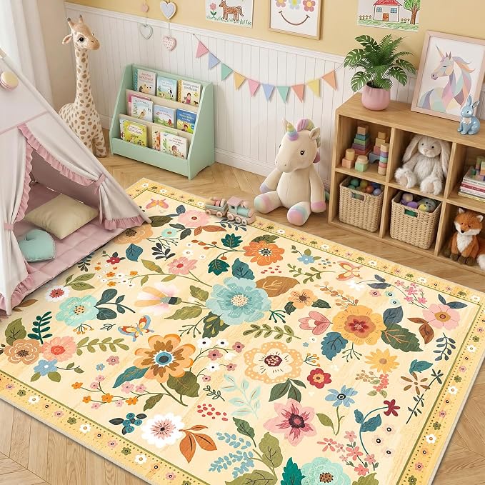 RELEANY Floral Washable 3x5 Area Rugs Ivory/Yellow | Flower Carpet Print Boho - Image 8