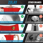 Zulay Kitchen Stovetop Espresso Maker - Moka Pot 6 Espresso Cups - Percolator Coffee Maker for Classic Cuban & Italian Style Espresso - Portable Coffee Maker for Camping & Travel - (Red)