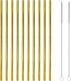 10 Pcs Stainless Steel Straws, Reusable Drinking Straws, Straight Metal Straw Sets with 2 Pcs Cleaning Brushes (10.5 Inch, Gold)