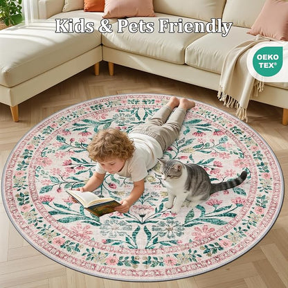 PLHXFR Round Area Rug Living Room: 4 ft Floral Washable Carpet Pink Green | - Image 8