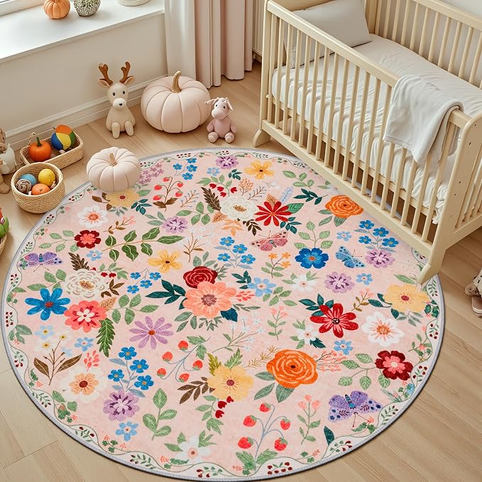 PLHXFR Round Area Rug Living Room: 6 ft Floral Washable Soft Carpet Beige | - Image 5