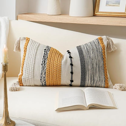 Decorative Lumbar Throw Pillow Cover 14x24 Boho Yellow Mustard Accent Cushion by BlissBlush