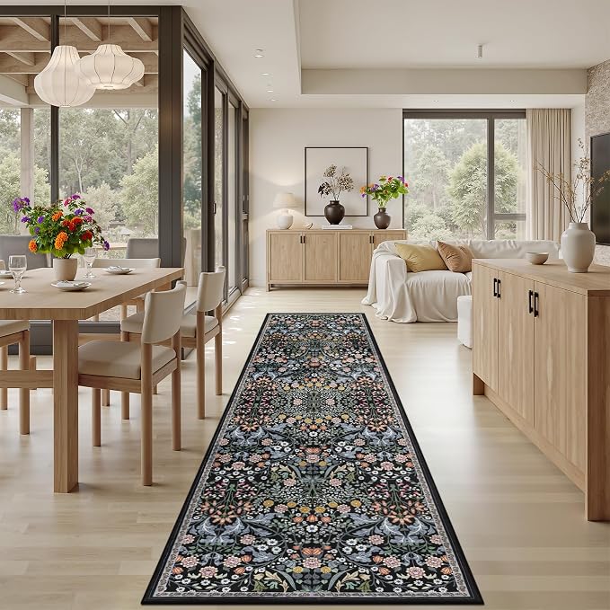PLHXFR 3x10 Washable Runner Rug：Floral Indoor Kitchen Carpet Dark Black | - Image 4