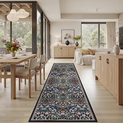 PLHXFR 3x10 Washable Runner Rug：Floral Indoor Kitchen Carpet Dark Black | - Image 4