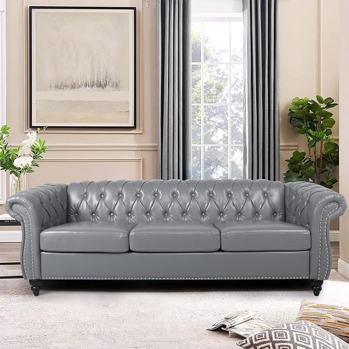 LEVNARY Chesterfield Sofa, Classic Tufted Upholstered Leather Couch, Modern 3 by LEVNARY
