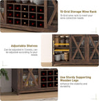 63"W Farmhouse Coffee Bar Cabinet with LED Light,Wine Bar Cabinet w/ 4 Tier Storage Hutch,Kitchen Buffet Cabinet w/Sliding Barn Door & 15 Wine and Glass Racks for Kitchen Dining Room(Brown)