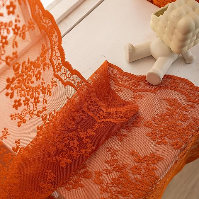 YJ YANJUN Vintage Lace Curtains 63 Inch Length Burnt Orange Sheer Curtains - Image 4