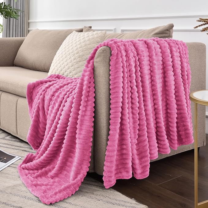BEDELITE Ribbed Jacquard Hot Pink Fleece Twin Blanket - Image 9