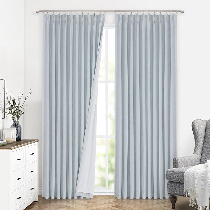 Vision Home Blue Fog Pinch Pleated Full Blackout Curtains Linen Blended Room - Image 7