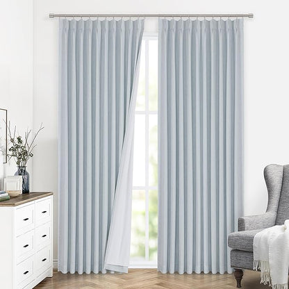 Vision Home Blue Fog Pinch Pleated Full Blackout Curtains Linen Blended Room - Image 2